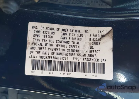 2013 Honda Accord Ex-L from USA, damaged, VIN 1HGCR2F86DA160221